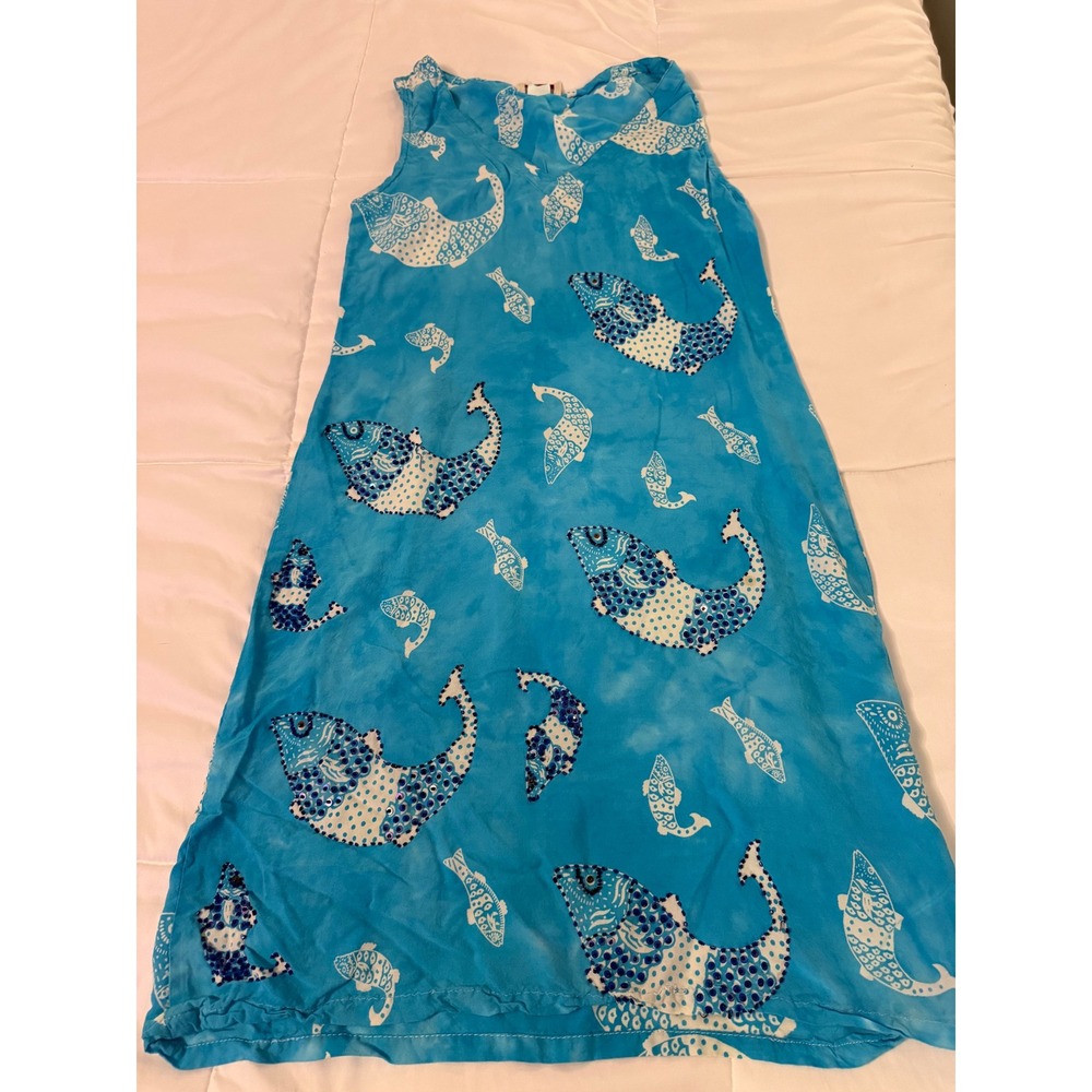Peppermint Bay Womens Blue Tie Dye Sequin Fish Print V-Neck Shift Dress